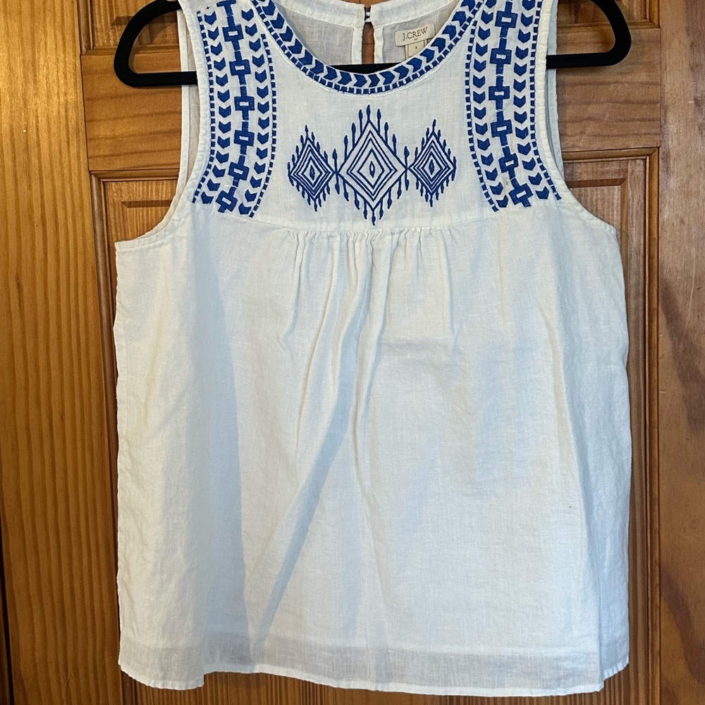 J. Crew White and Blue Embellished Blouse
